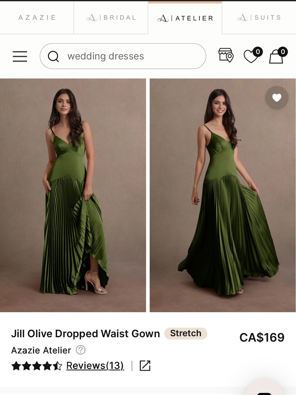 Azazie Olive Green Pleated Maxi Gown